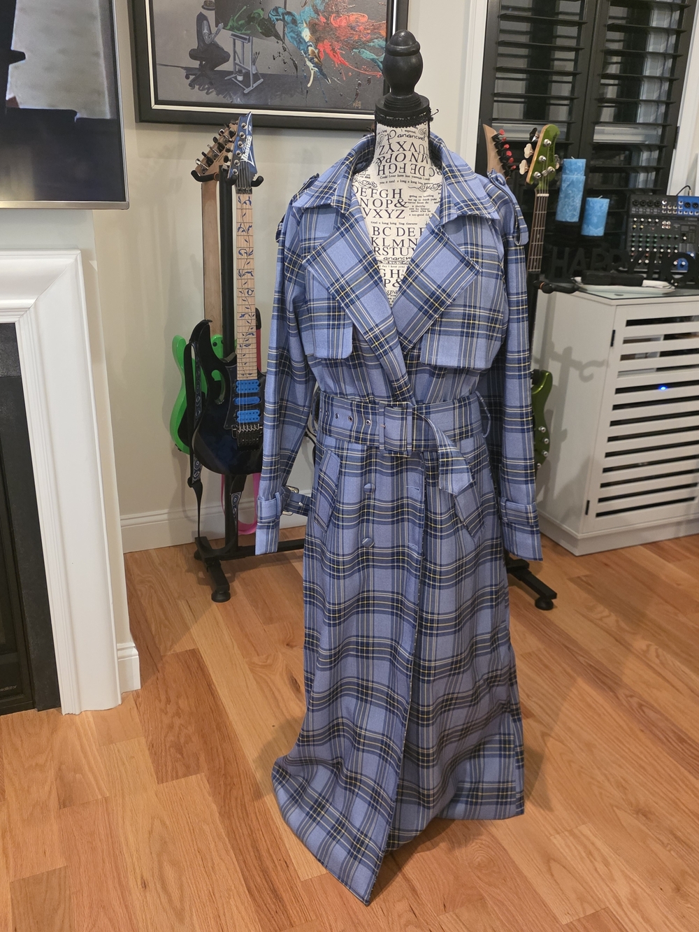 Azalea Wang Blue Plaid Long Trench Coat with Belt